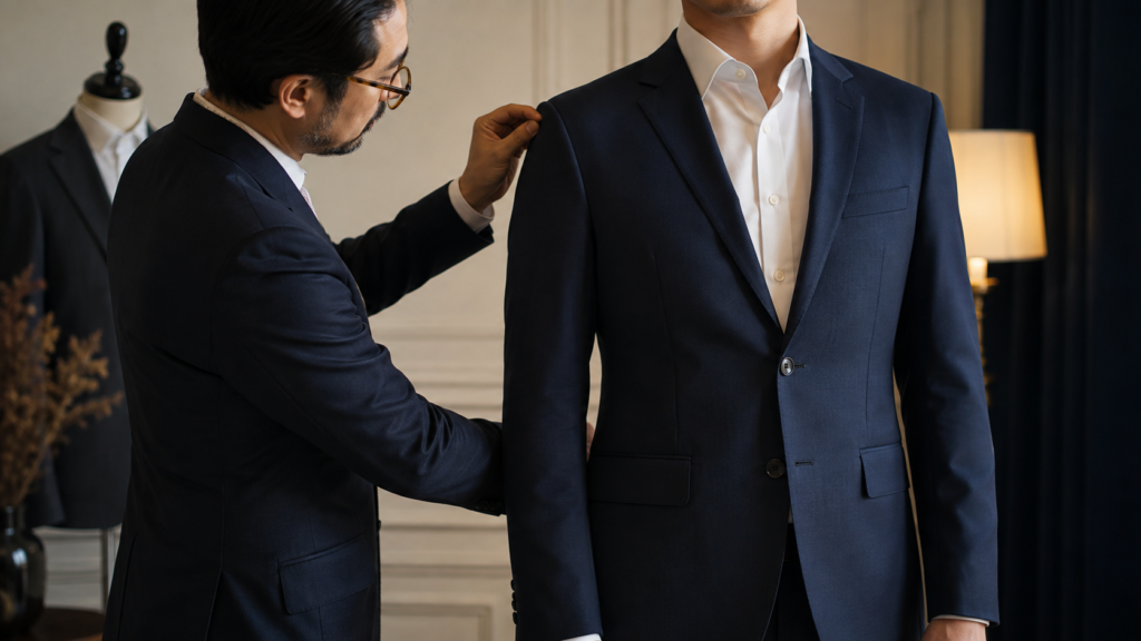 Tailor checking the shoulder line of a navy suit jacket during a fitting