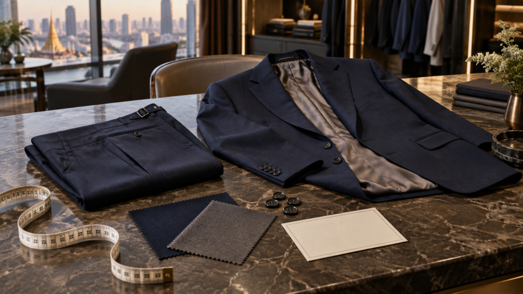 Navy jacket, trousers, cloth swatches and buttons arranged for a tailored-suit specification comparison