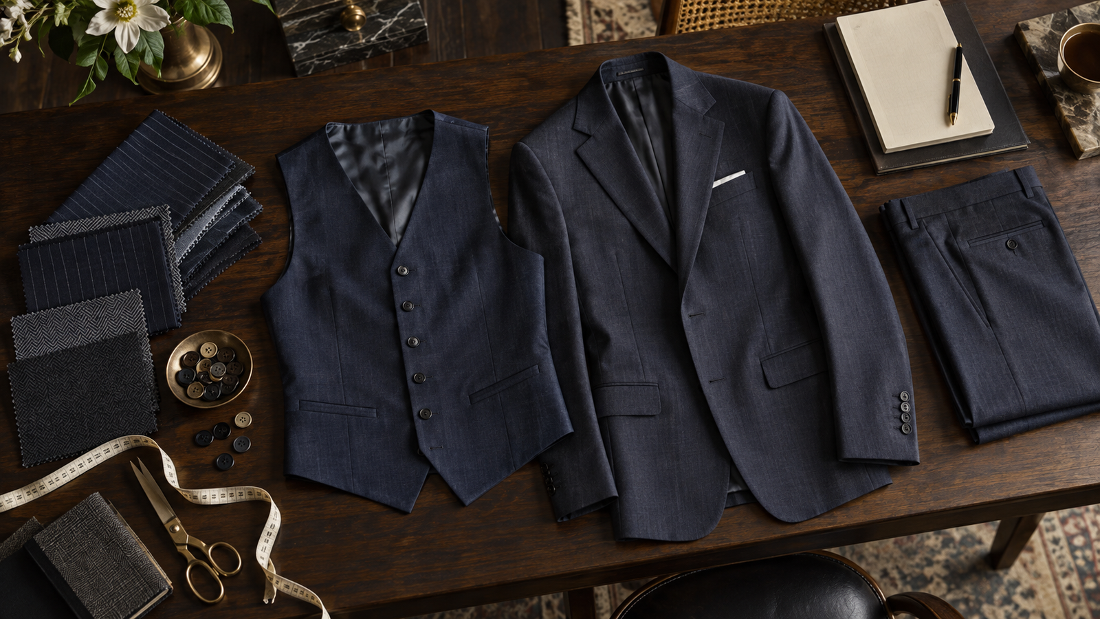 Navy waistcoat, jacket, trousers, cloth swatches and tailoring tools arranged on a consultation table