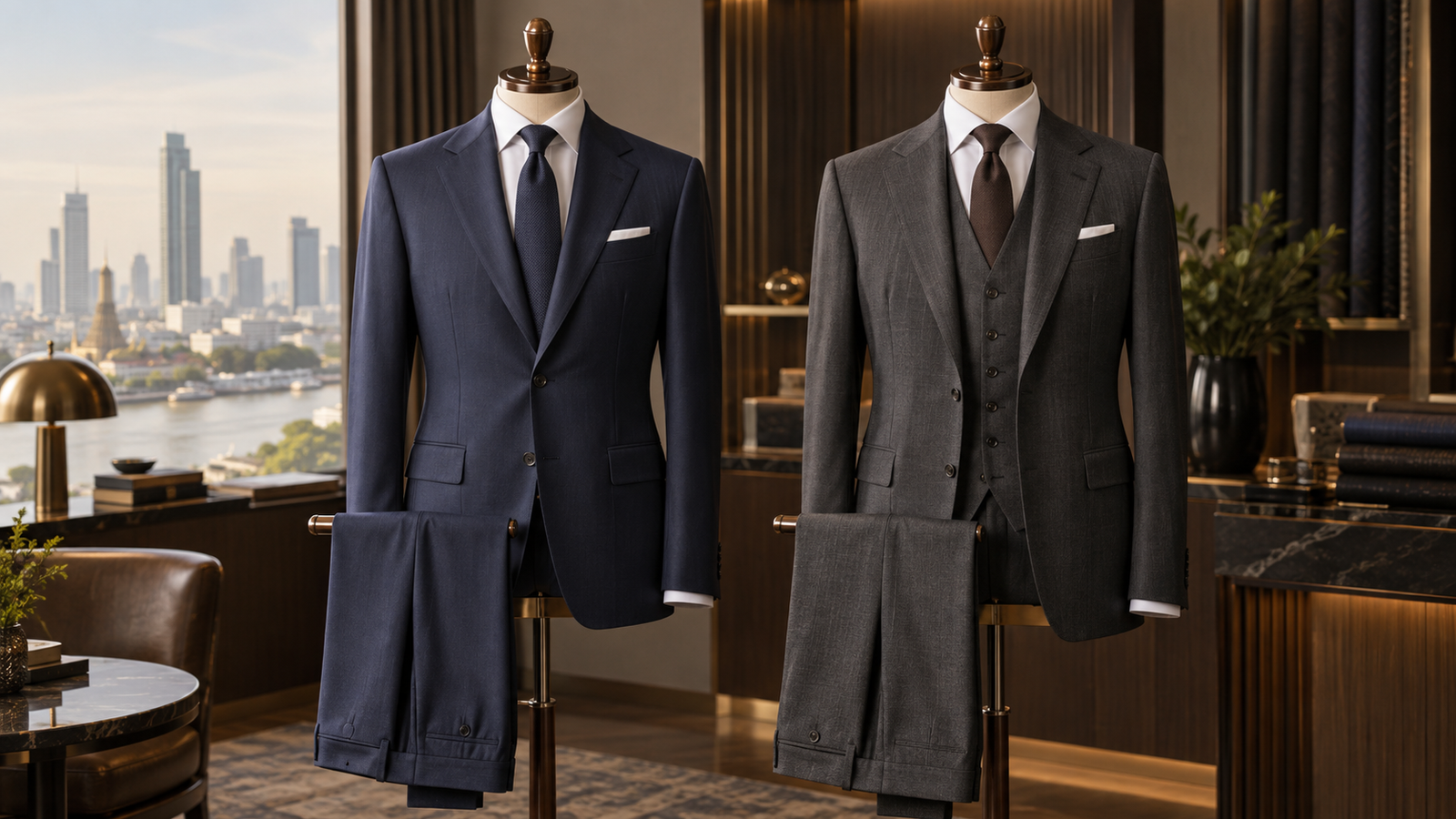 Two-piece navy suit and three-piece charcoal suit displayed on dress forms in a refined Bangkok interior