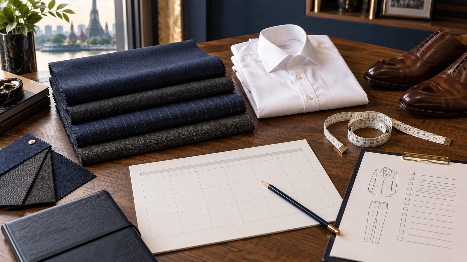 Tailoring itinerary, navy cloth, shirt, shoes and garment specification arranged on a showroom table