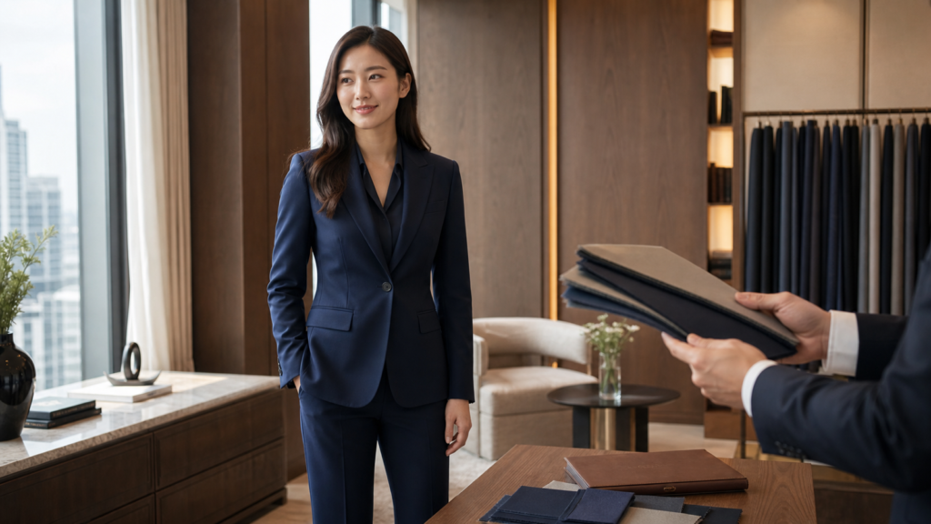 Fictional professional woman in a navy business suit during a Bangkok tailoring consultation