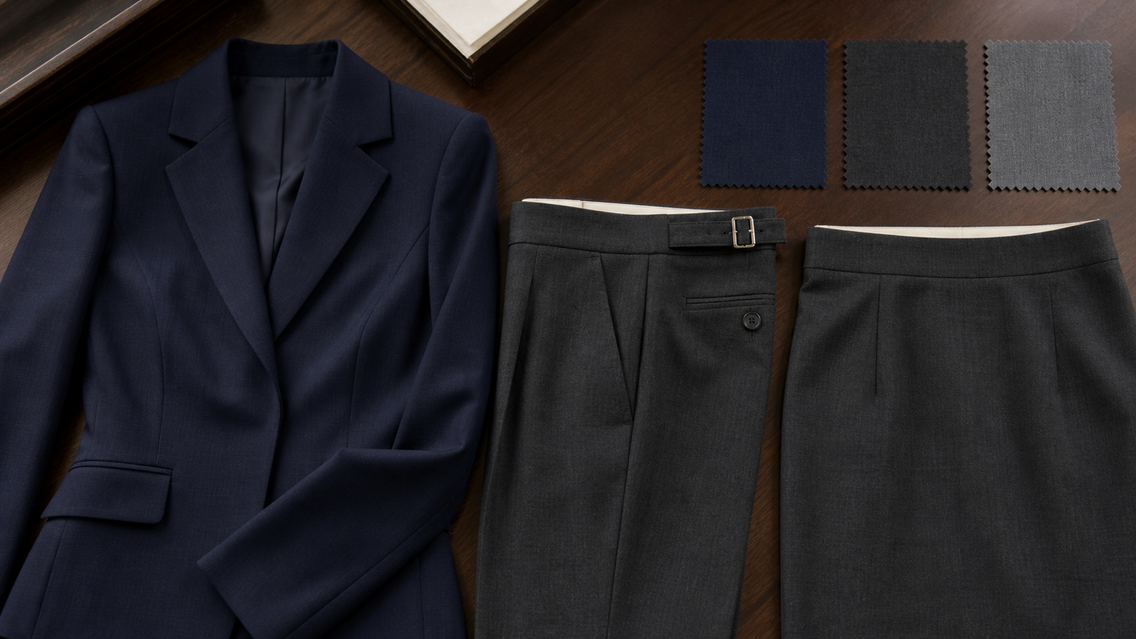 Navy jacket, charcoal trousers, skirt and suiting swatches arranged for a womenswear consultation
