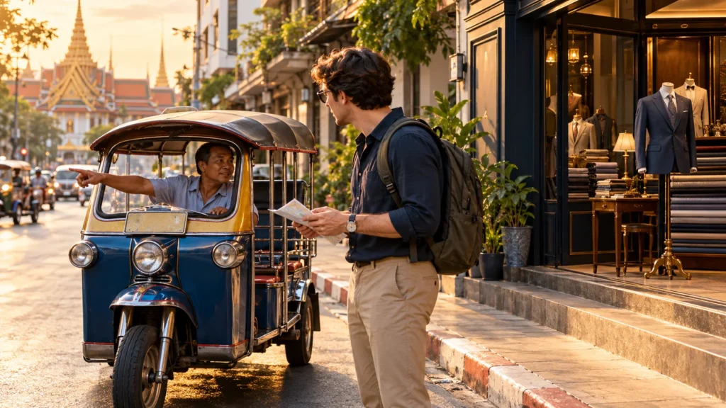 A tuk-tuk driver points out directions to a visitor holding a map beside an unbranded tailoring storefront in Bangkok.
