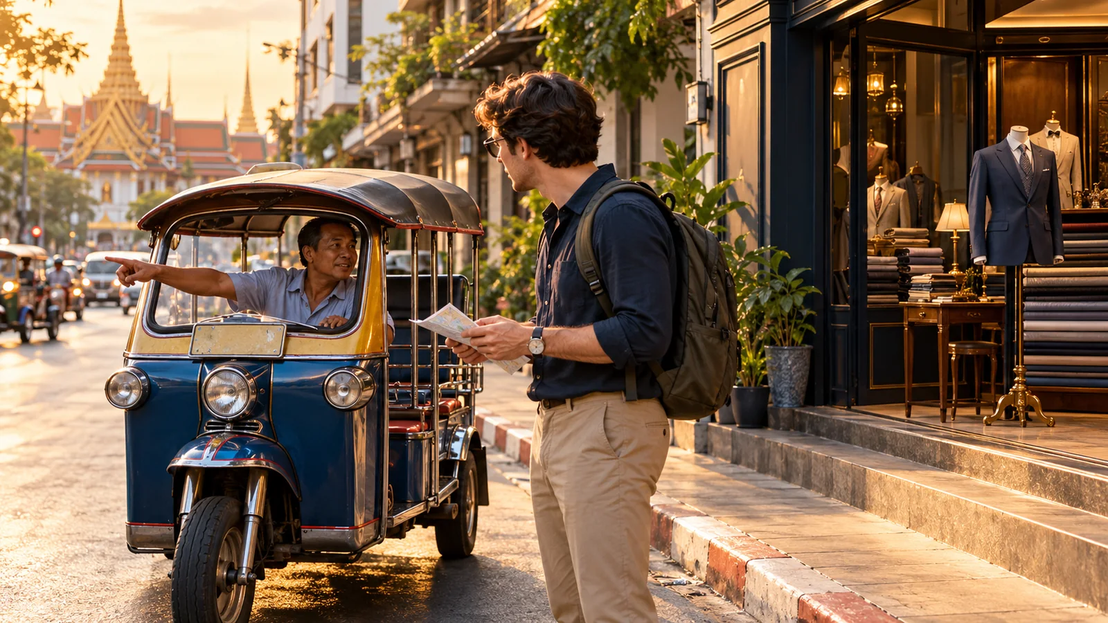 A tuk-tuk driver points out directions to a visitor holding a map beside an unbranded tailoring storefront in Bangkok.