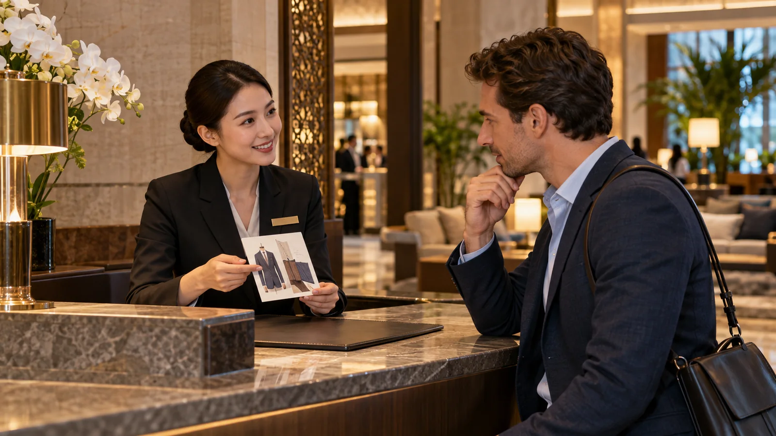 A hotel concierge shows a tailoring brochure to a business traveller at a reception desk.