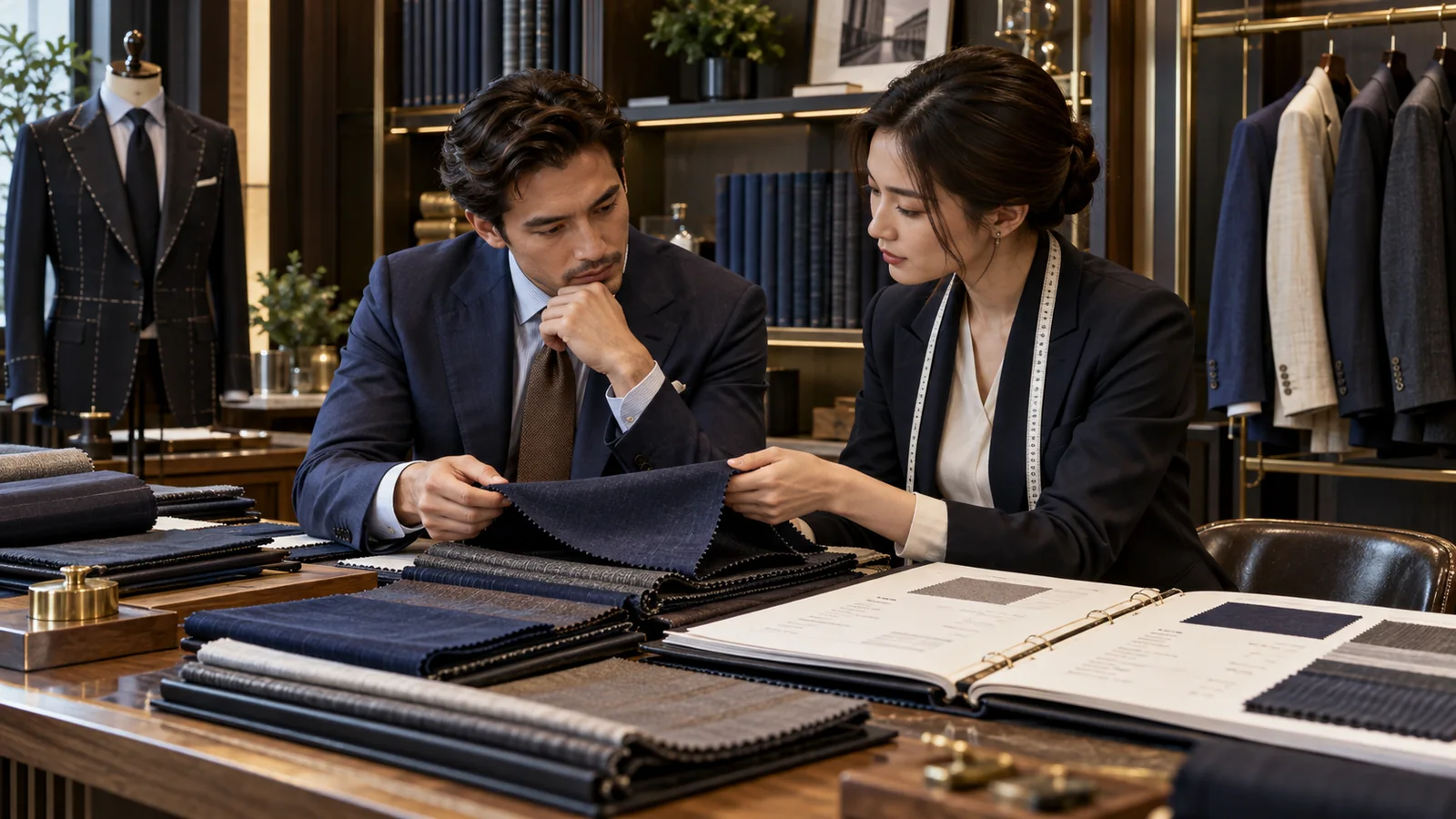A customer and tailoring consultant compare navy suiting swatches in an unbranded showroom.