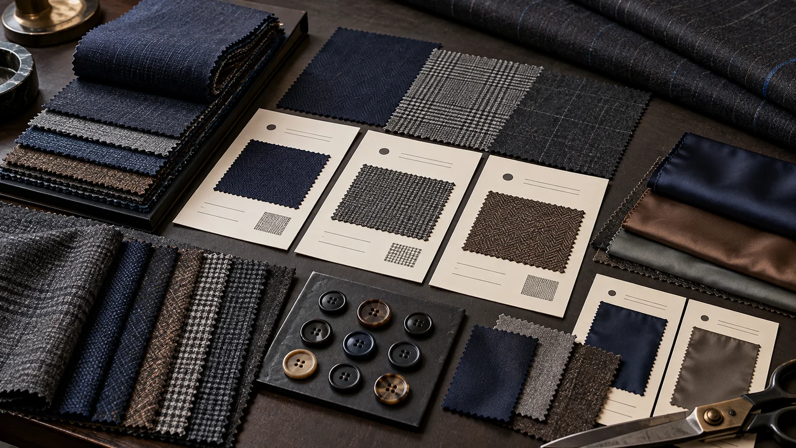 Assorted navy, grey and brown suiting swatches, sample cards, buttons and shears arranged on a worktable.
