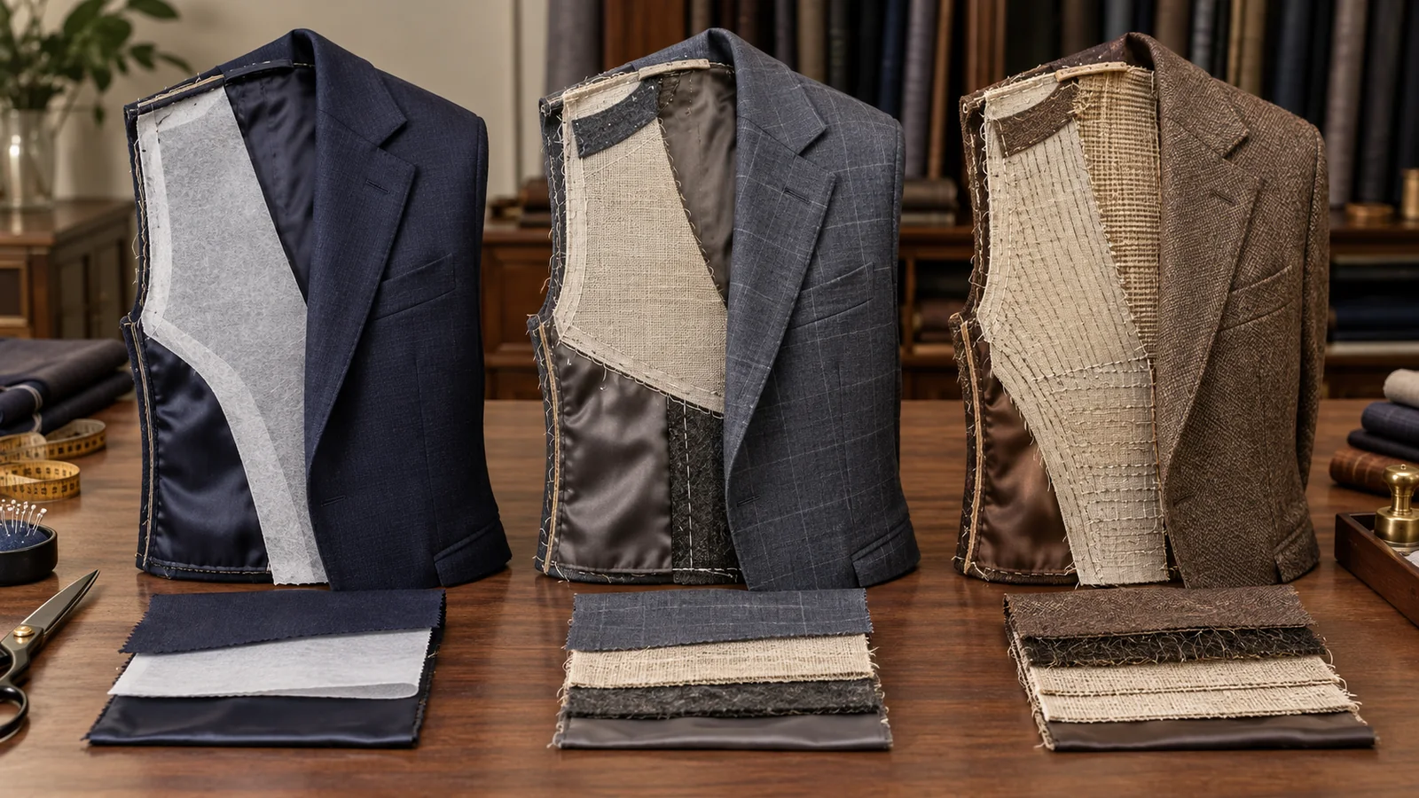 Three cutaway jacket fronts show different amounts of internal support material for a simplified construction comparison.