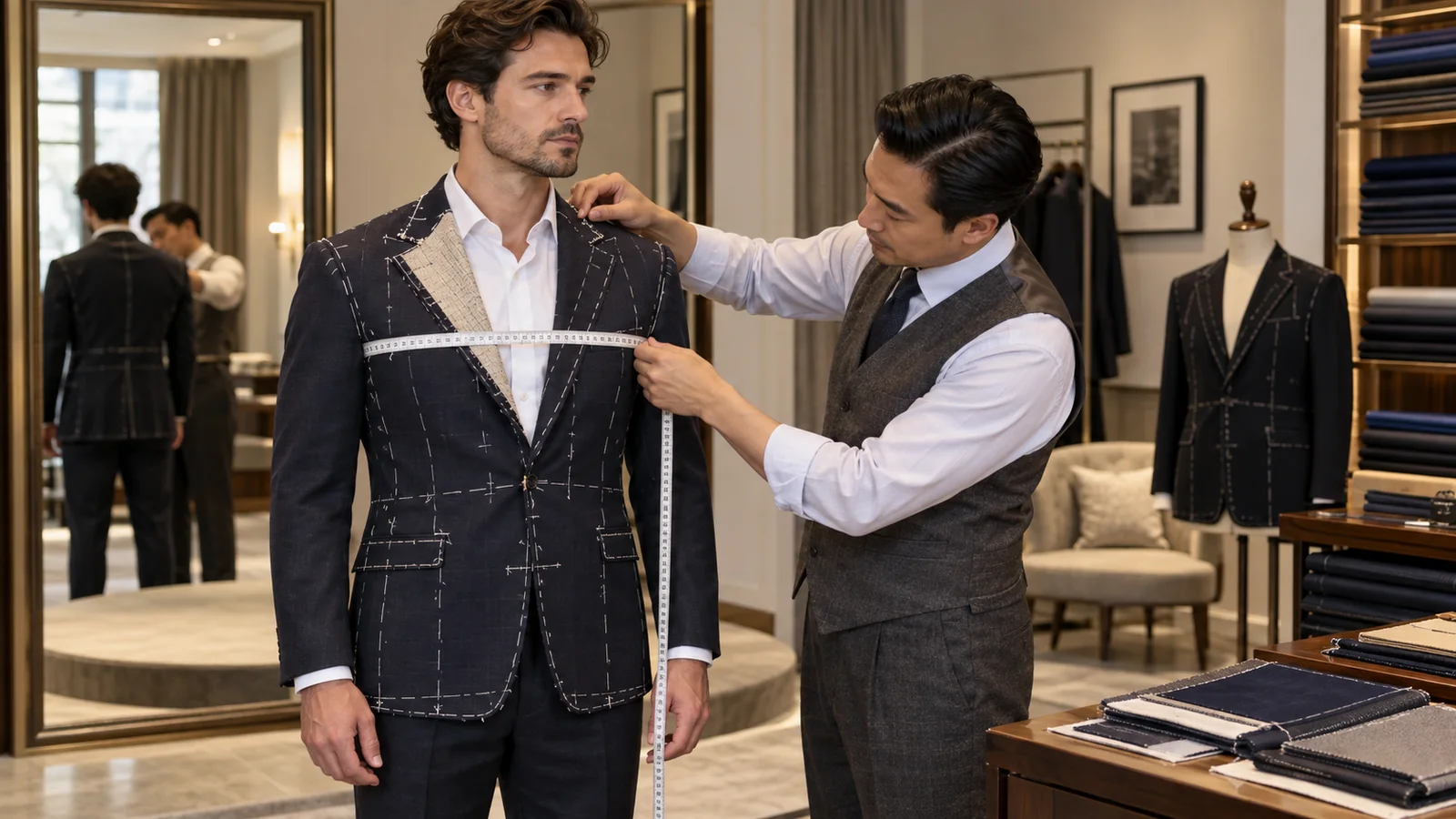 A tailor reviews the fit of a basted navy jacket with a measuring tape during a fitting.
