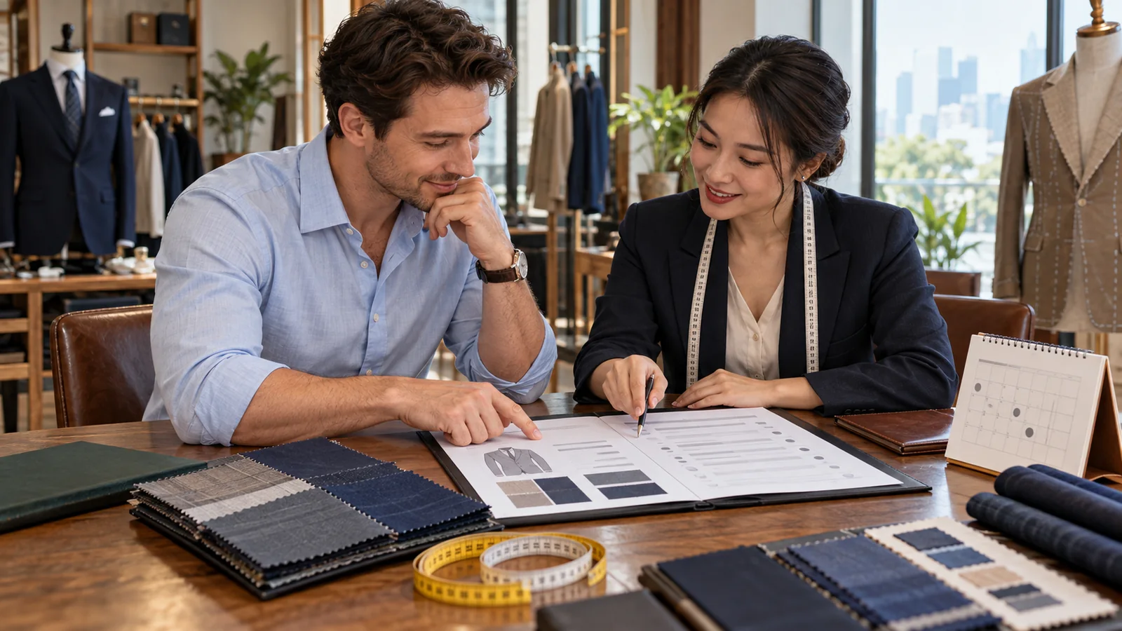 A customer and tailoring consultant review a generic order sheet, cloth swatches and appointment calendar.