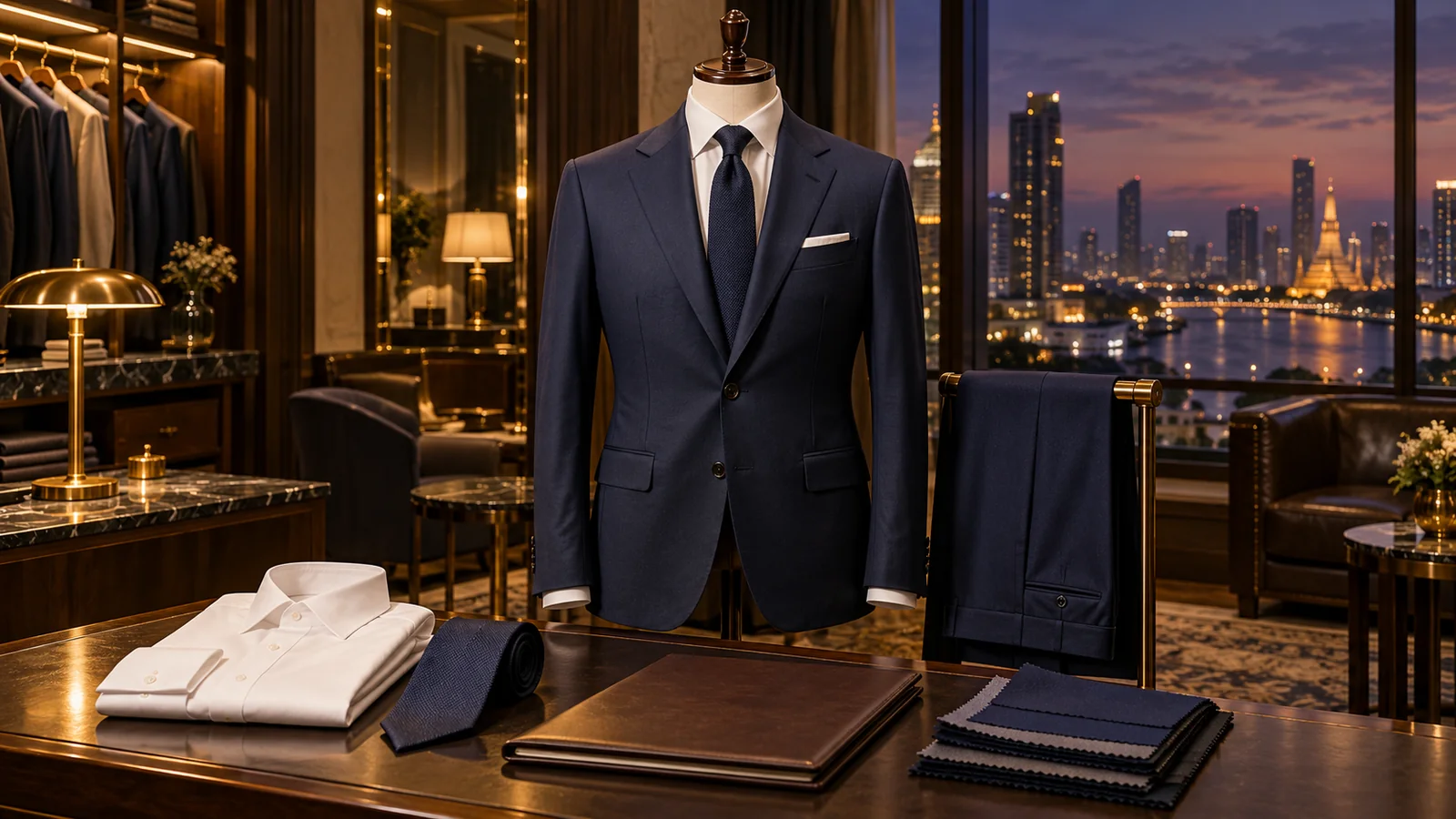 A navy two-piece suit, white shirt, tie and fabric swatches displayed against a Bangkok-inspired evening skyline.