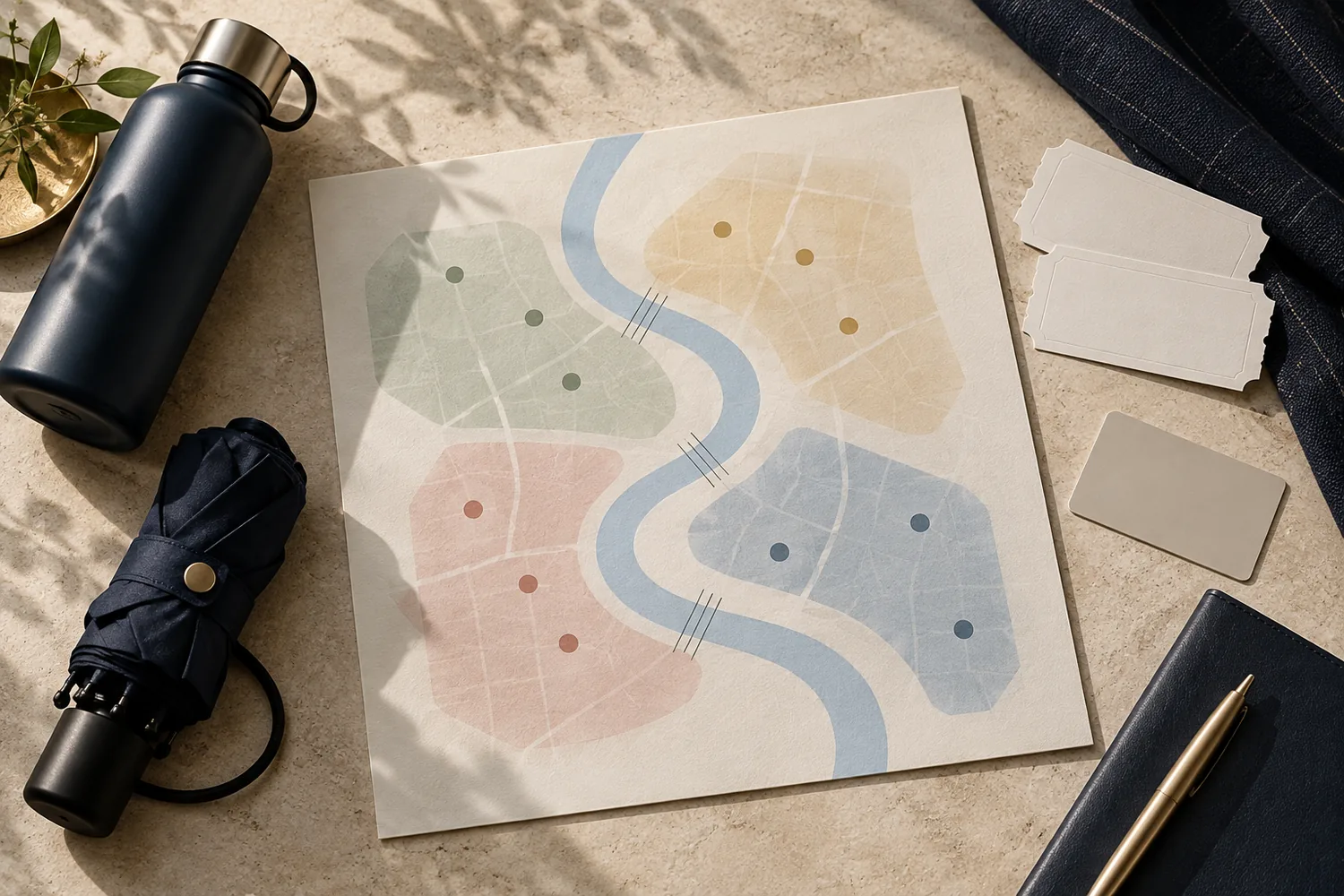 Abstract Bangkok route-planning desk with rail, river and gallery symbols