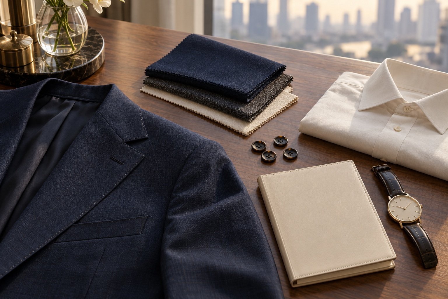 Navy suit jacket, wool swatches, cream shirt, appointment diary and watch arranged for wardrobe planning.