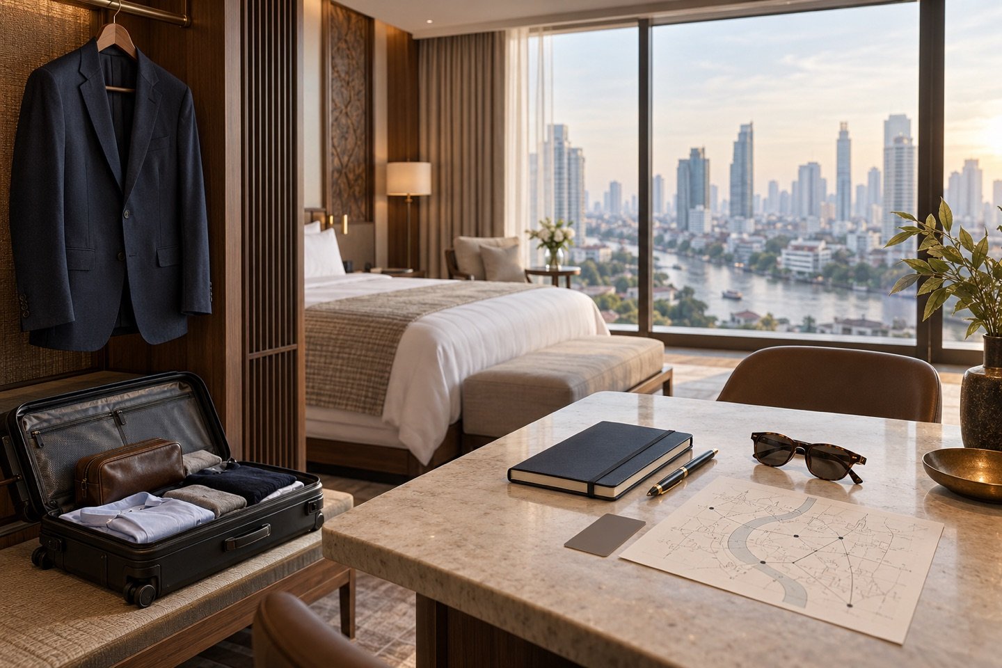 Tailored jacket, luggage and a Bangkok itinerary arranged in a fictional hotel suite