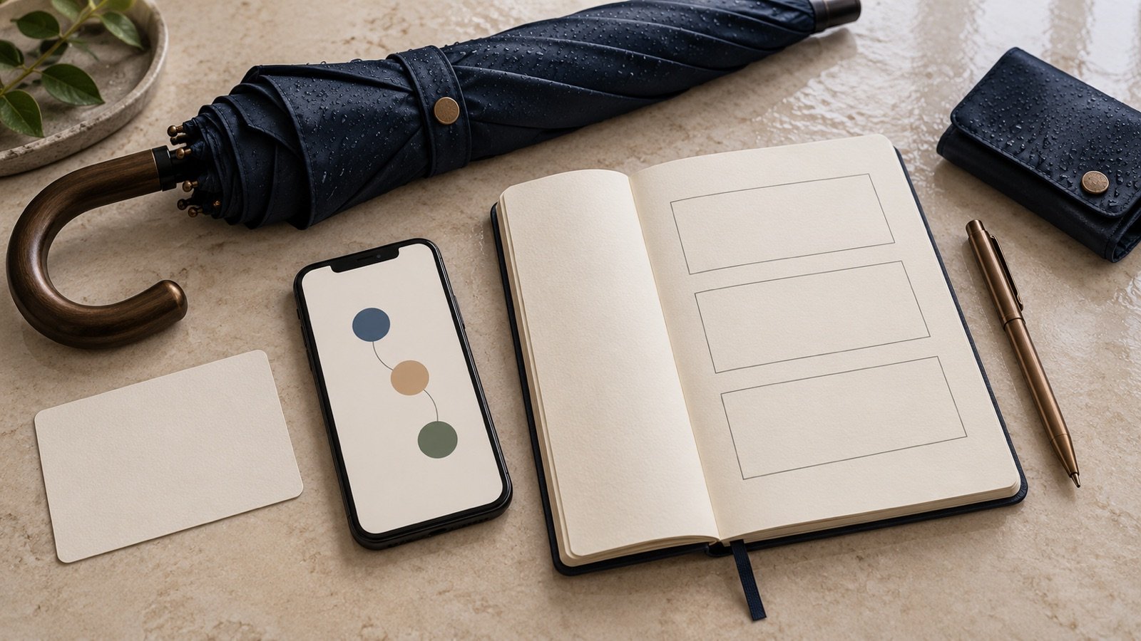 Umbrella, phone route and three-block notebook arranged for a flexible rainy-day plan