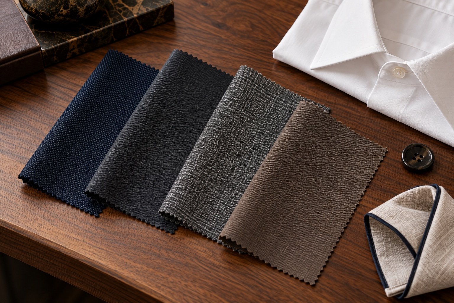 Four fictional tailoring fabric swatches beside a white shirt and pocket square