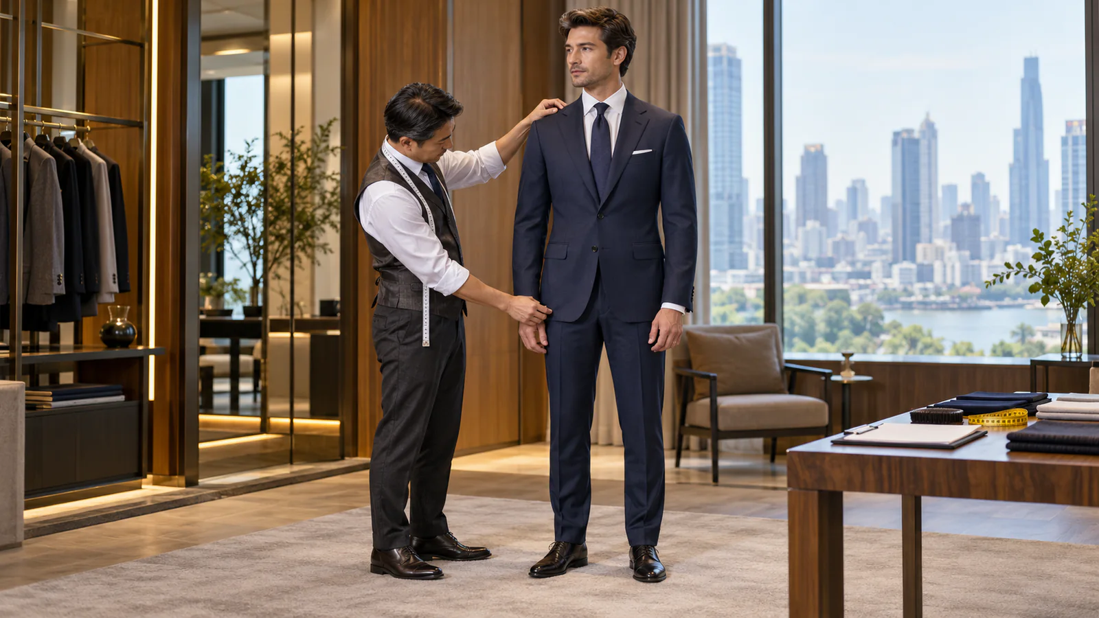 Fictional client in a navy suit during a final fit review with jacket balance and trouser line visible