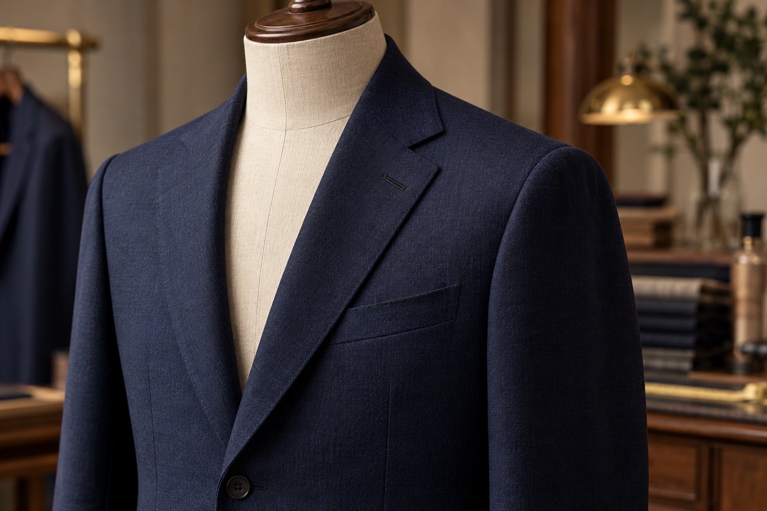 Close view of a fictional navy tailored jacket on a mannequin showing lapel and cloth detail