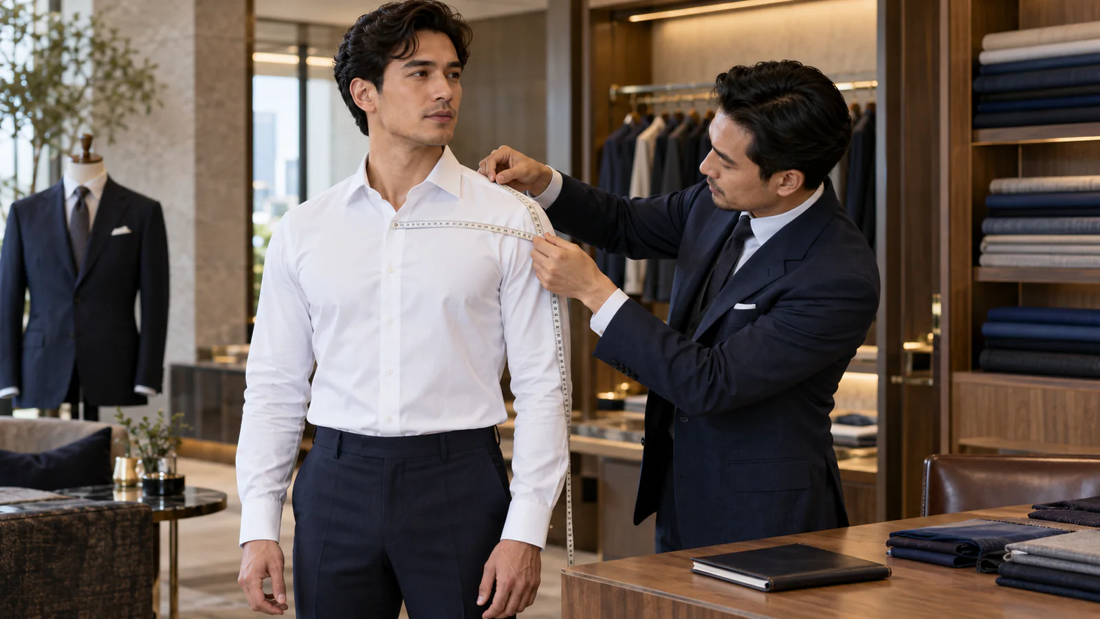 Fictional tailor measuring a client in a white shirt while noting shoulder slope and posture
