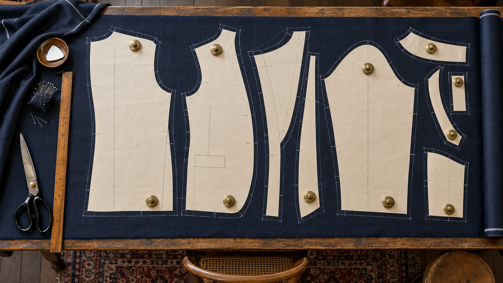 Tailoring pattern pieces and chalked cutting lines arranged on dark wool cloth with shears and measuring tools