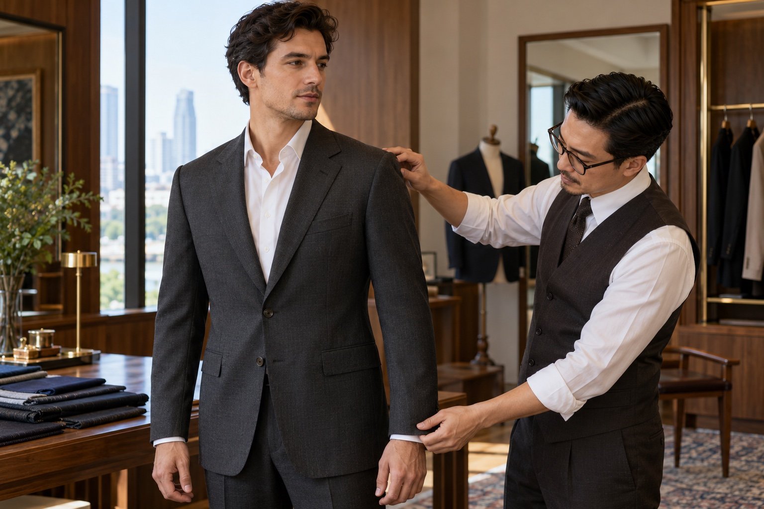 Fictional tailor assessing the sleeve and shoulder balance of a charcoal suit during a fitting