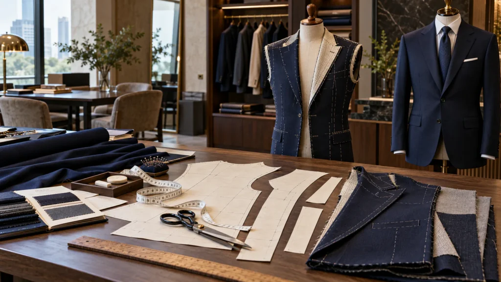 Tailoring tools, cloth, jacket pattern pieces and a finished navy suit arranged to represent the bespoke garment process