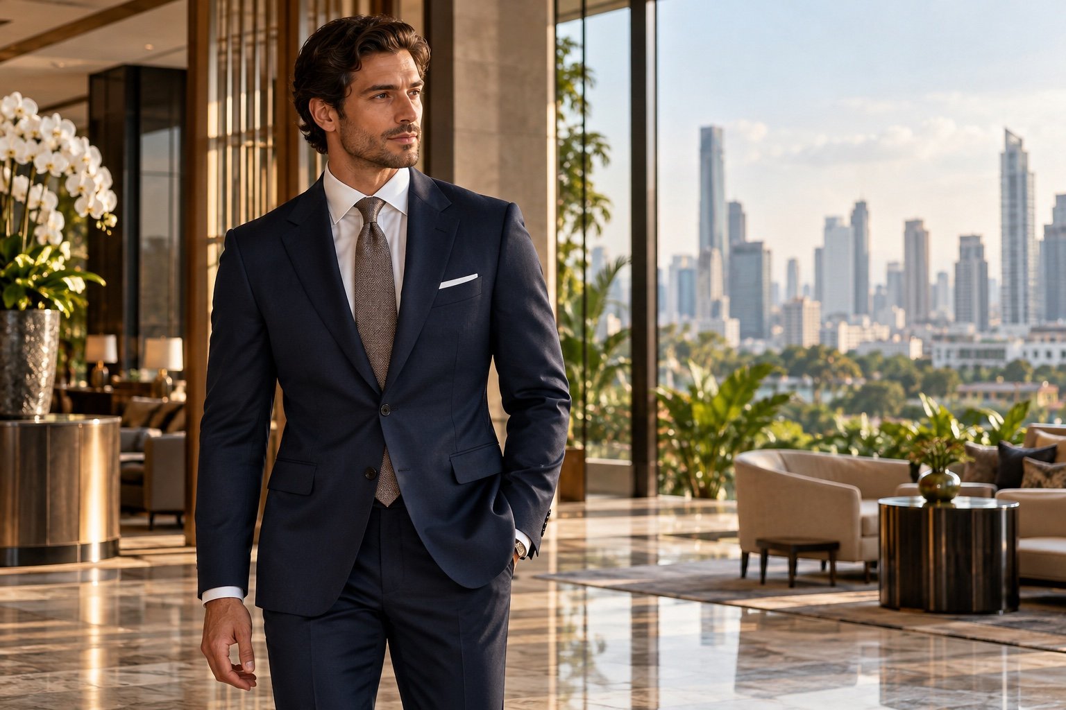 Fictional business traveller wearing a navy tailored suit in a contemporary Bangkok setting