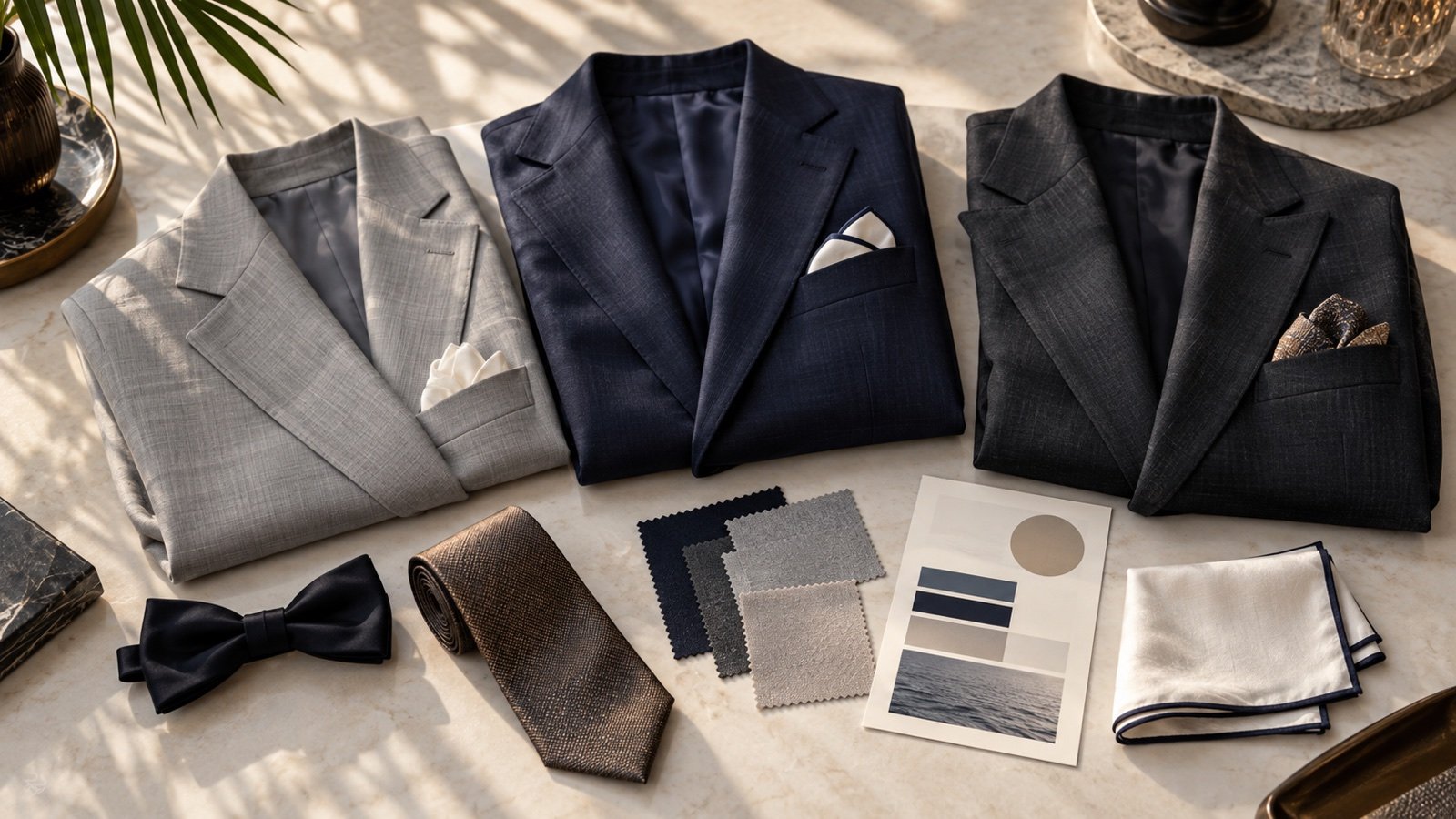 Wedding attire planning board with folded formal jackets, fabrics and accessories