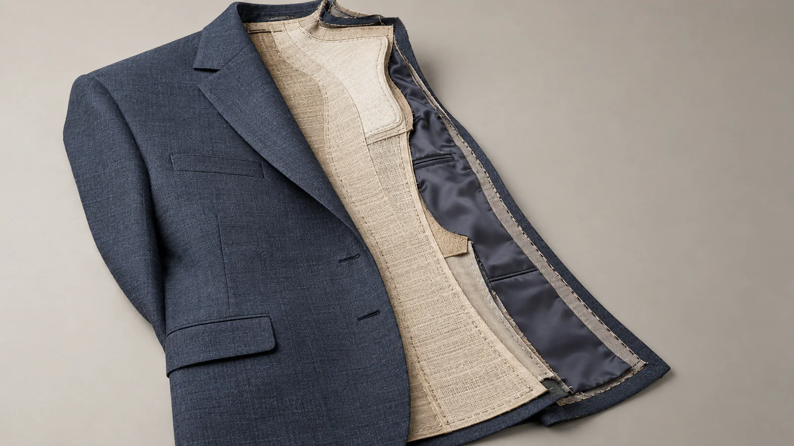 Educational cutaway of a fictional suit jacket showing floating canvas extending from shoulder through most of the front
