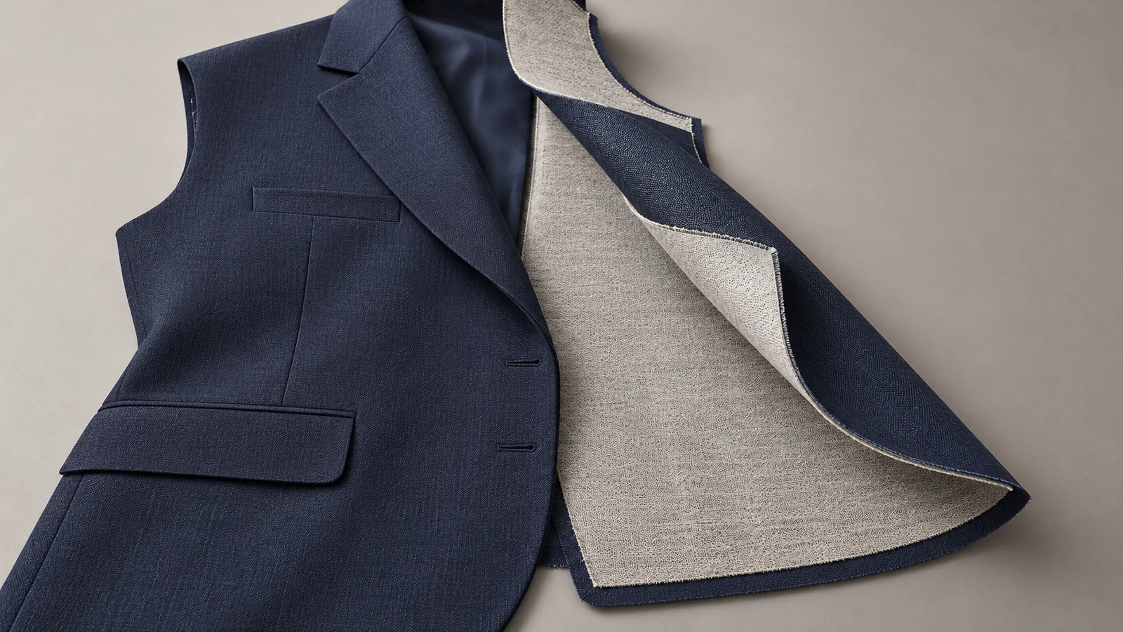 Educational cutaway of a fictional suit jacket front showing outer cloth and bonded interlining as separate visible layers