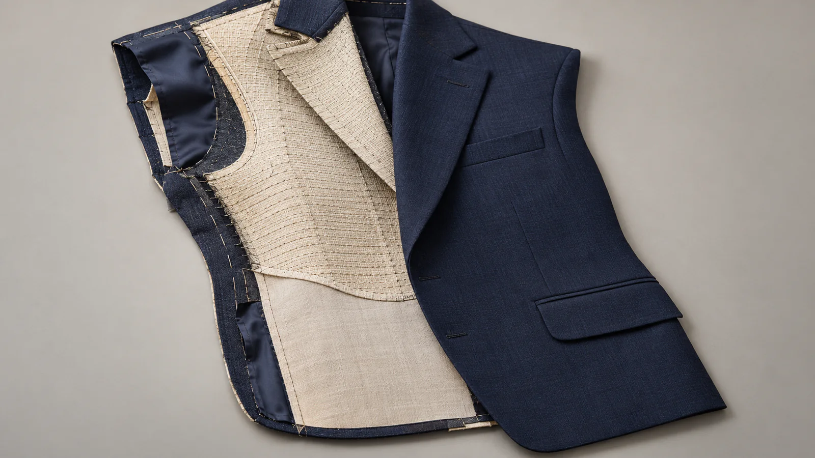 Educational cutaway of a fictional suit jacket showing floating canvas through the lapel and upper chest with a different lower-front treatment