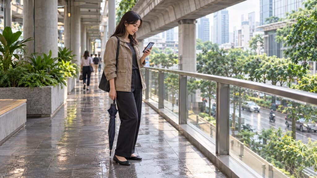 Visitor checking a route beneath a generic elevated rail structure in a Bangkok neighbourhood