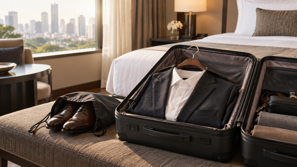 Tailored jacket, shirt and travel accessories prepared for a Bangkok business trip