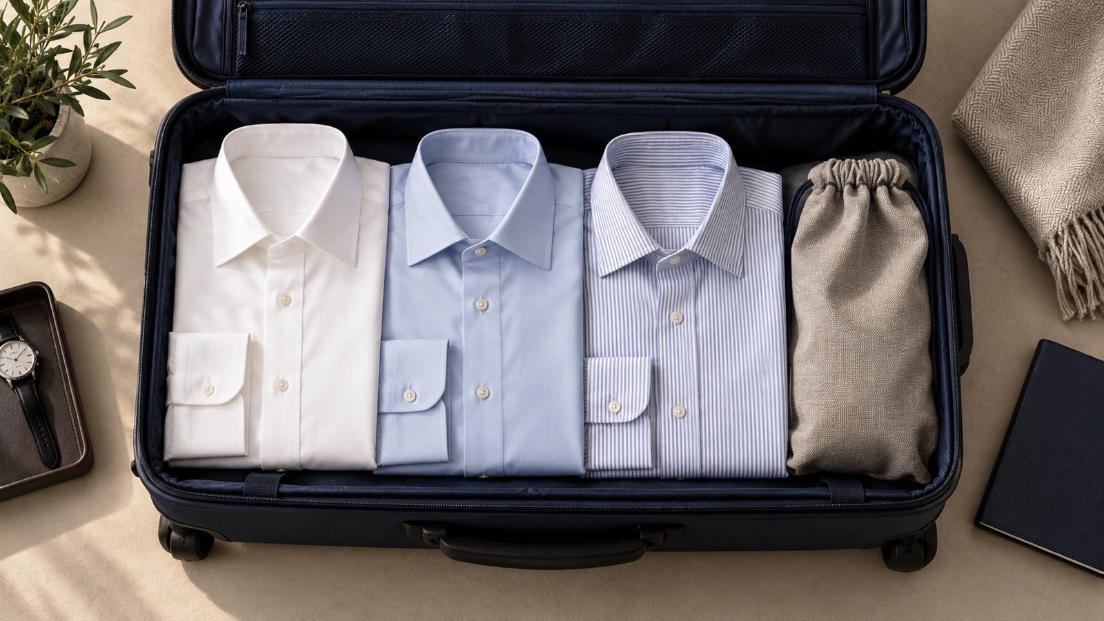 Three business shirts arranged in a carry-on with a separate fabric pouch