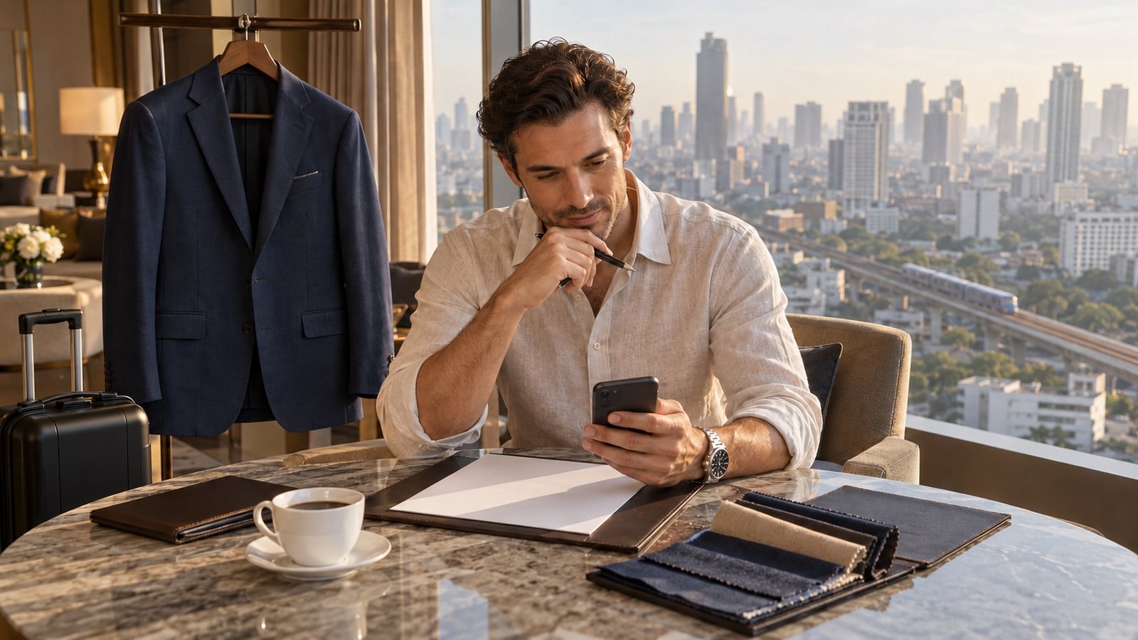 Traveller planning a Bangkok itinerary beside a navy tailored jacket and fabric swatches.