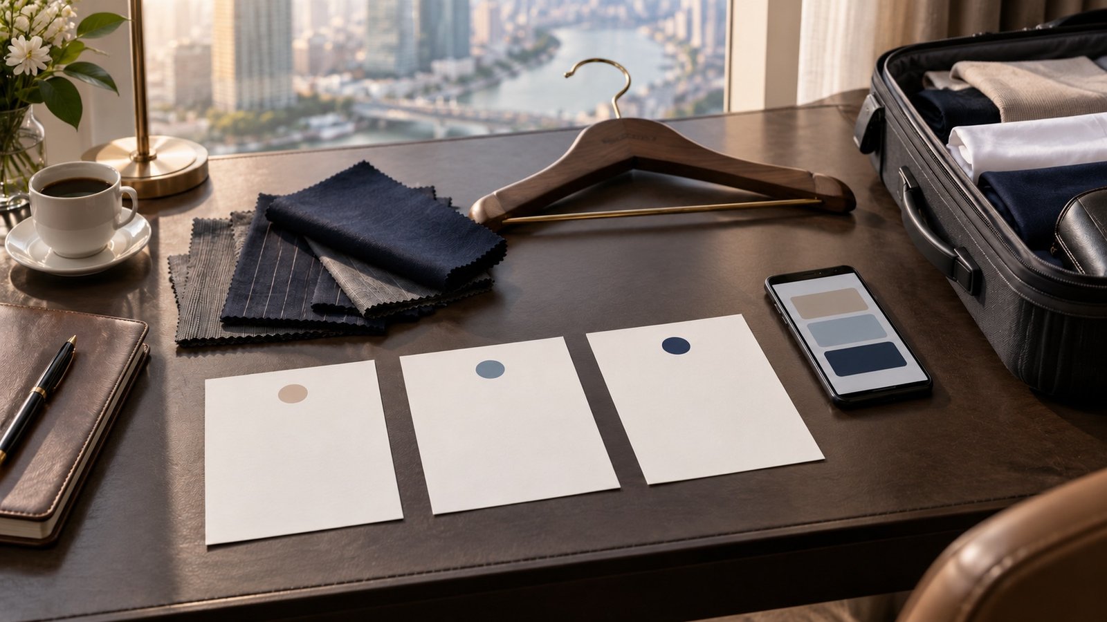 Three blank itinerary cards beside fabric swatches, a hanger and packed luggage.